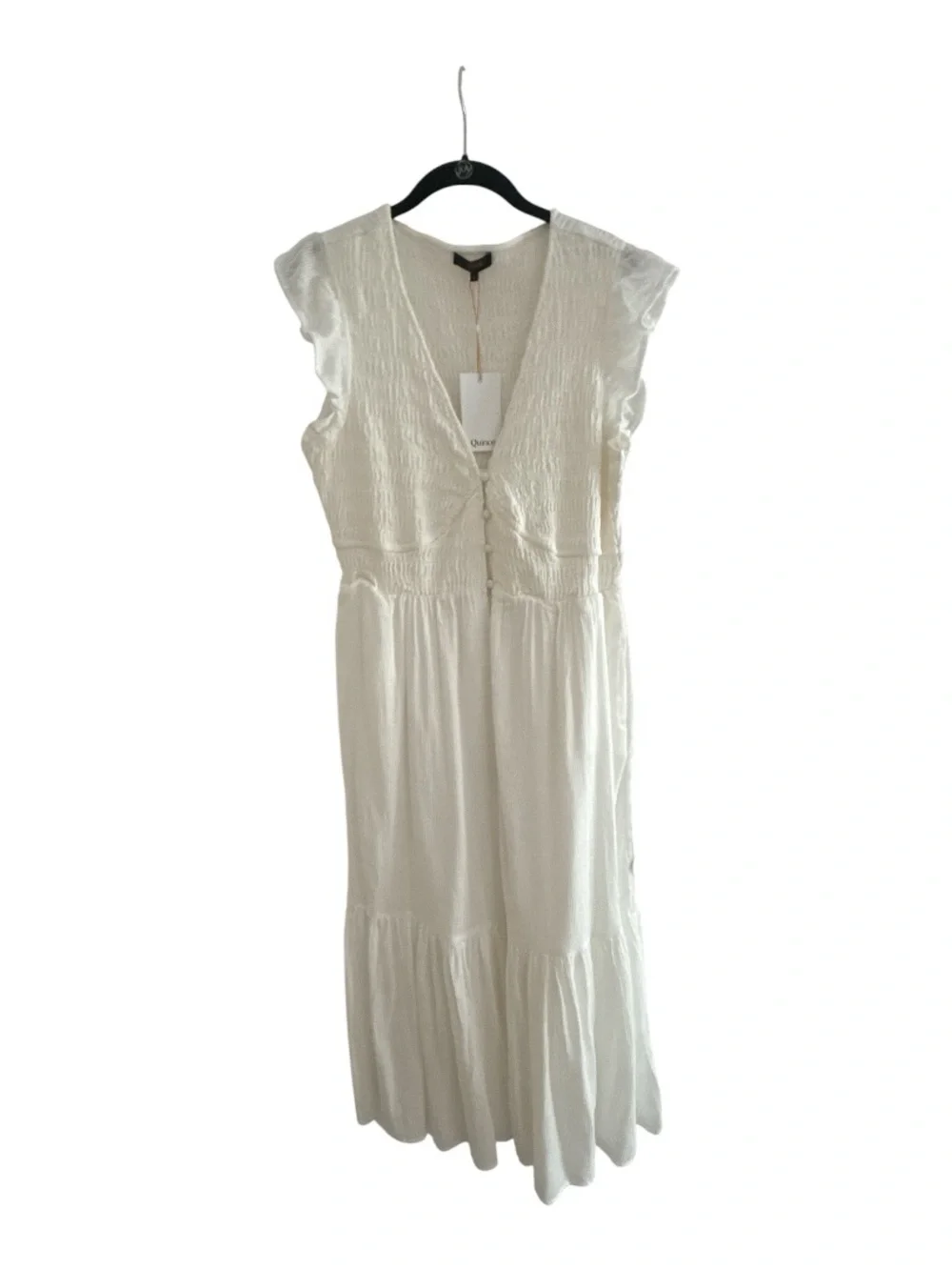 NWT Quince 100% Organic Cotton Smocked V-Neck Midi Dress - Picture 7 of 8